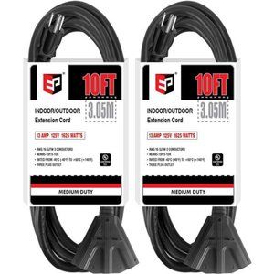 2 Pack 10 Ft Outdoor Extension Cord with 3 Electrical Power Outlets - Black